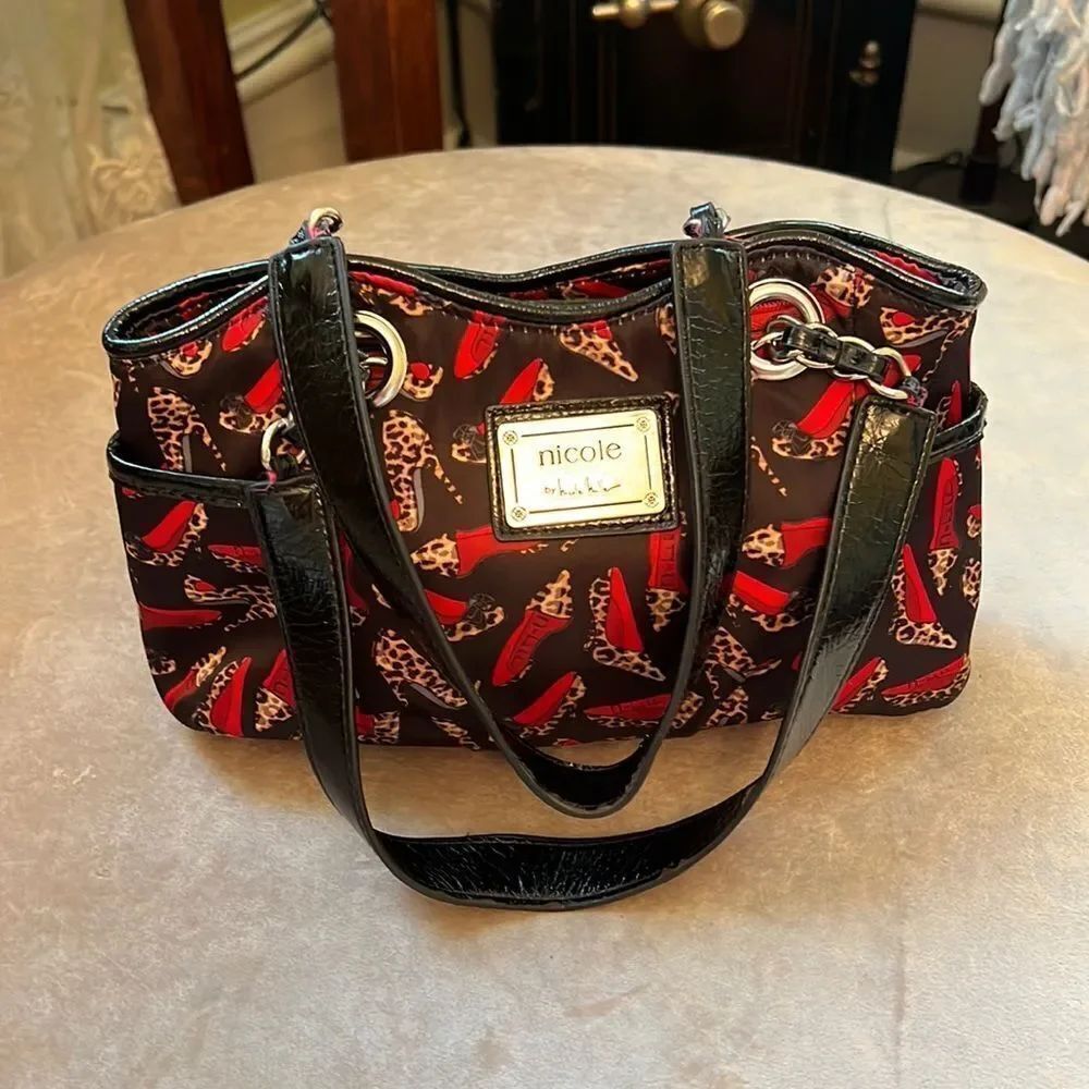 Nicole Miller Y2K Nylon Satiny Small Handbag Leopard Red Bottom High Heel Print